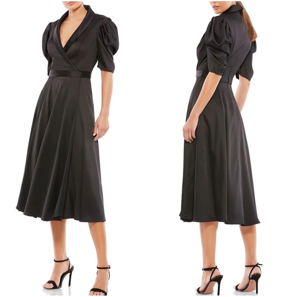 Mac Duggal Dresses & Skirts - Ieena Mac Duggal Satin Lapel Puff Sleeve Tea Dress Black 12 26628 NWT New